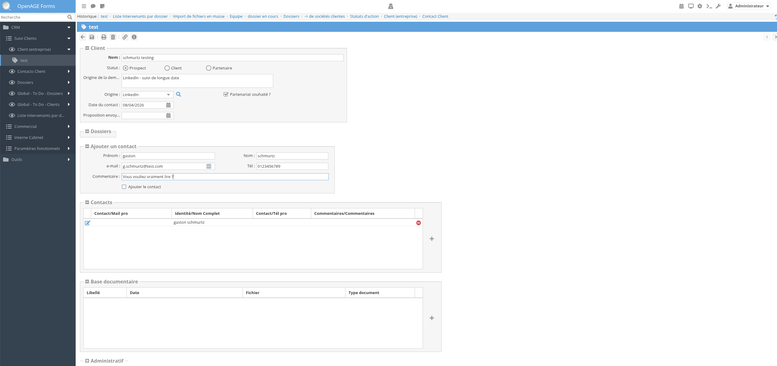 Capture d'écran OpenAGE Forms — vue CRM